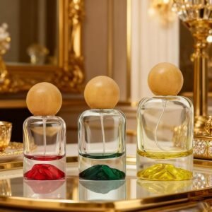 Thickened Base Volcano Shape Empty Glass Perfume Spray Bottle, 30ml 50ml 100ml, Essential Oil Bottle with Round Wooden Cap