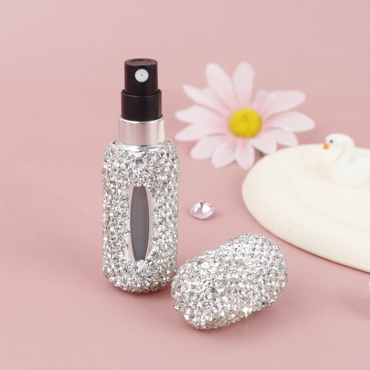 Rhinestone‑Decorated Airless Press Perfume Refillable Bottle, 5ml Window‑View Empty Spray Bottle, Portable Cosmetic Mist Empty Bottle - 图片 3