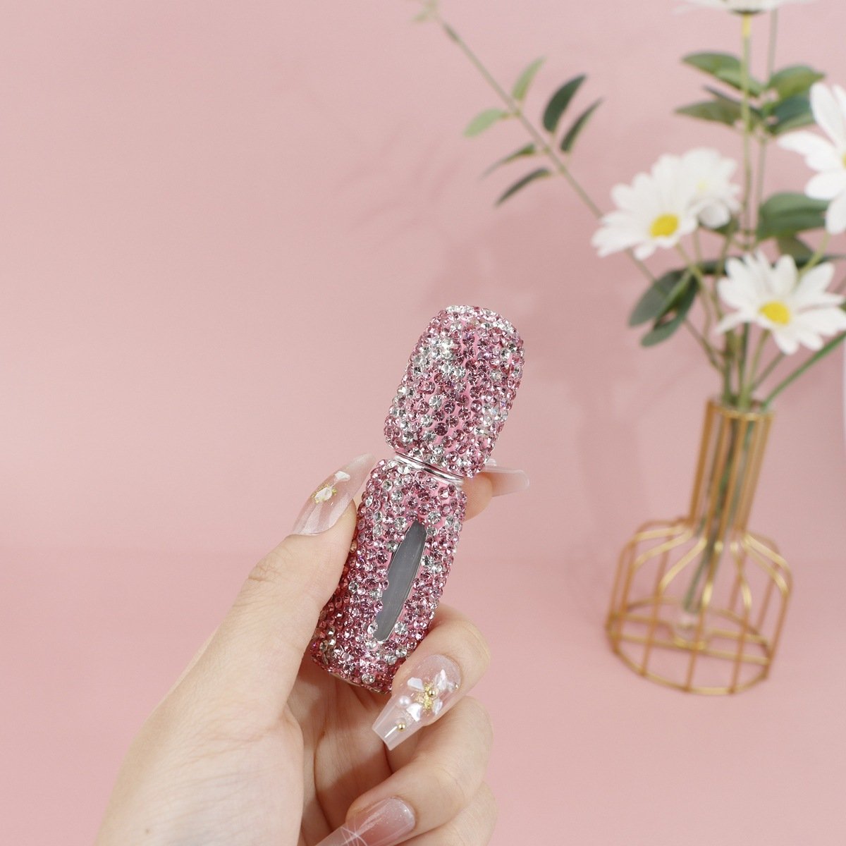 Rhinestone‑Decorated Airless Press Perfume Refillable Bottle, 5ml Window‑View Empty Spray Bottle, Portable Cosmetic Mist Empty Bottle - 图片 2