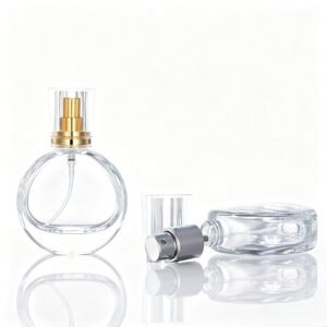 25ml Ready Stock Portable Flat Round Luxury Glass Perfume Bottle, Refillable Empty Press Spray Bottle for Travel