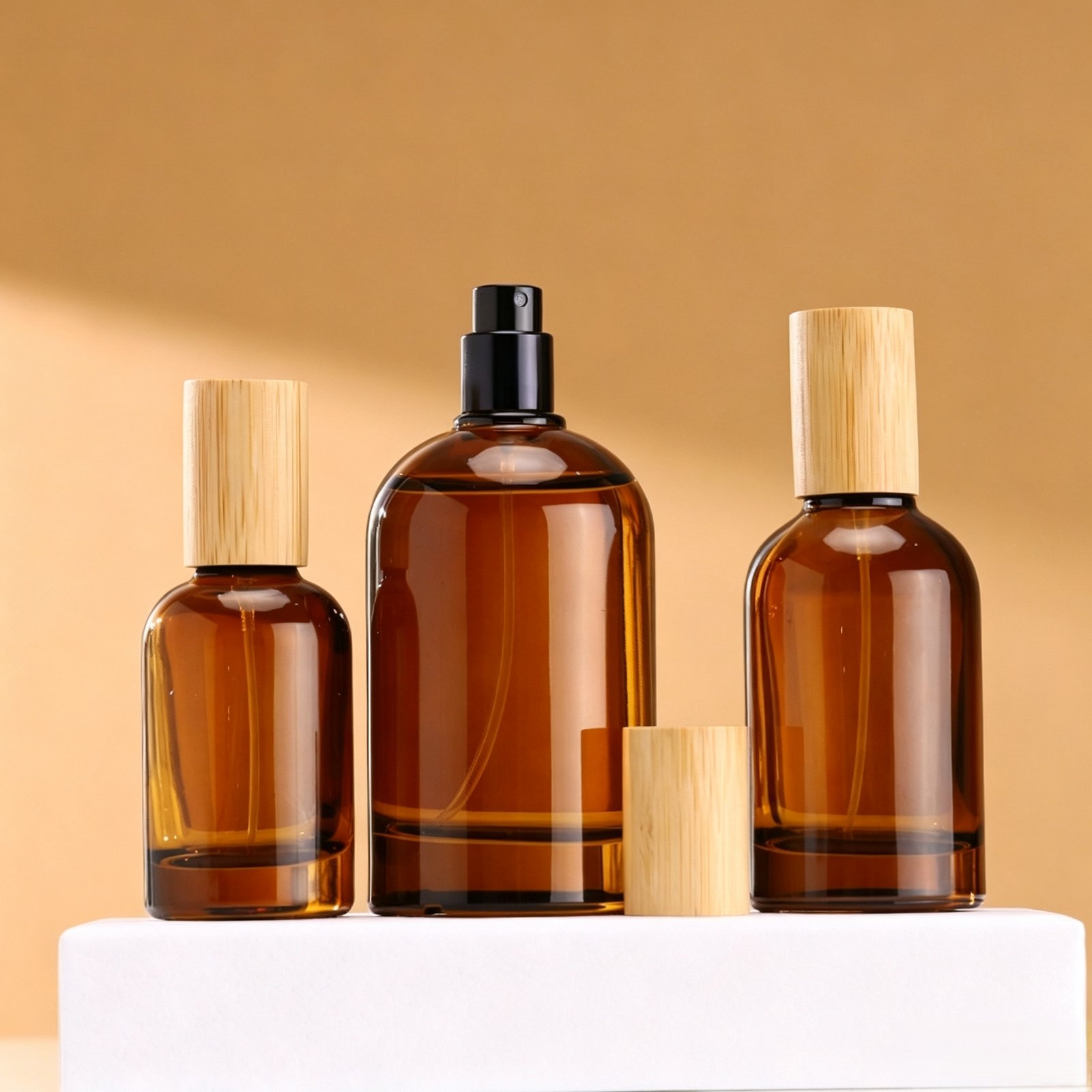 Wholesale Round Amber Glass Perfume Spray Bottle 30ml 50ml 100ml Snap‑on Refillable Empty Perfume Atomizer